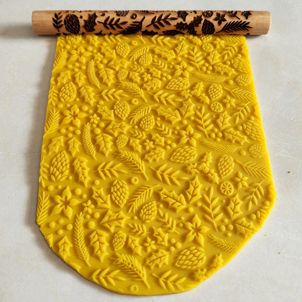 Embossed Wooden Rolling Pin - Pinecone, Holly, Coral Cherry Patterns